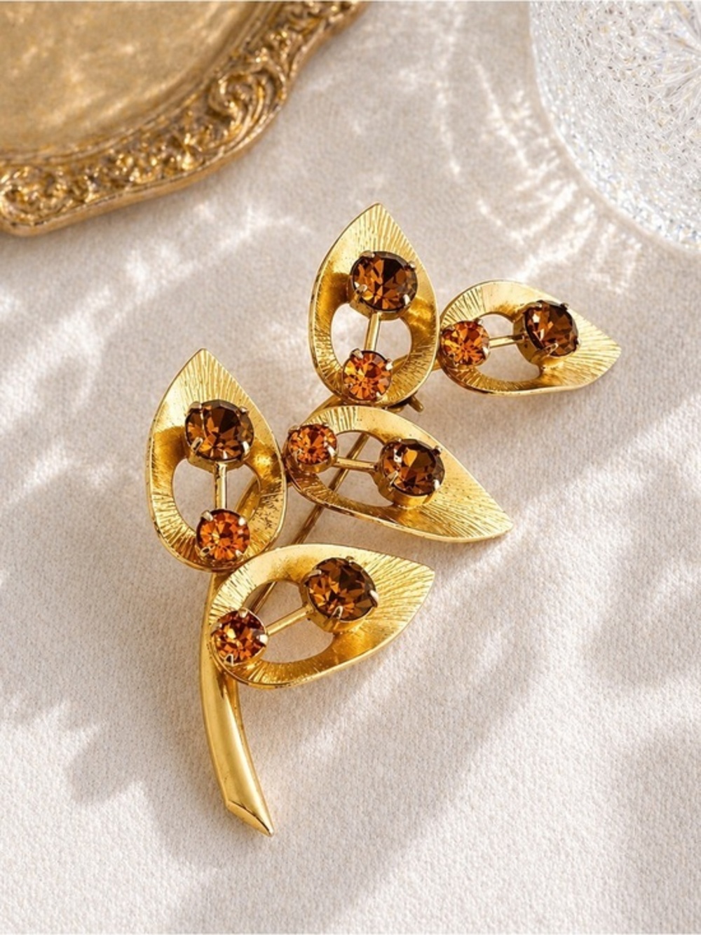 Vintage Gold tone, Amber Rhinestone Brooch